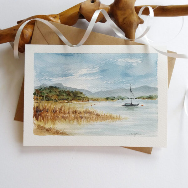 Hand painted card. Lake View Landscape. Mini Watercolor Landscape Painting