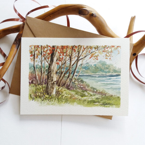 Trees by the Lake. Hand painted card.