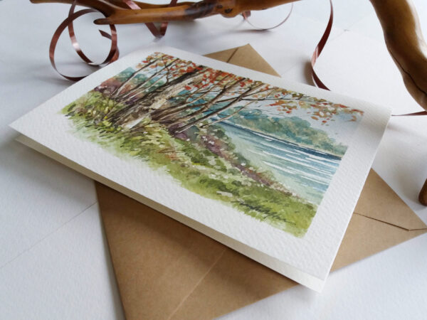 Trees by the Lake. Hand painted card.