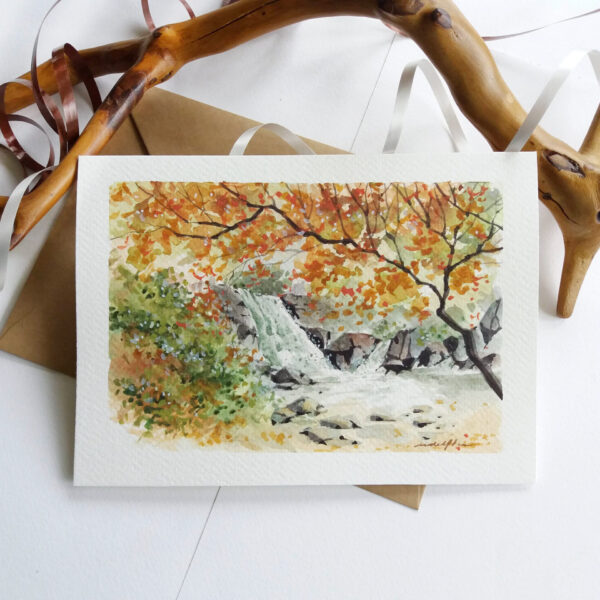 Waterfall in Autumn Forest- Hand painted card.