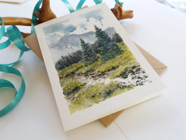 Evergreens by Flowing Stream - Hand painted card