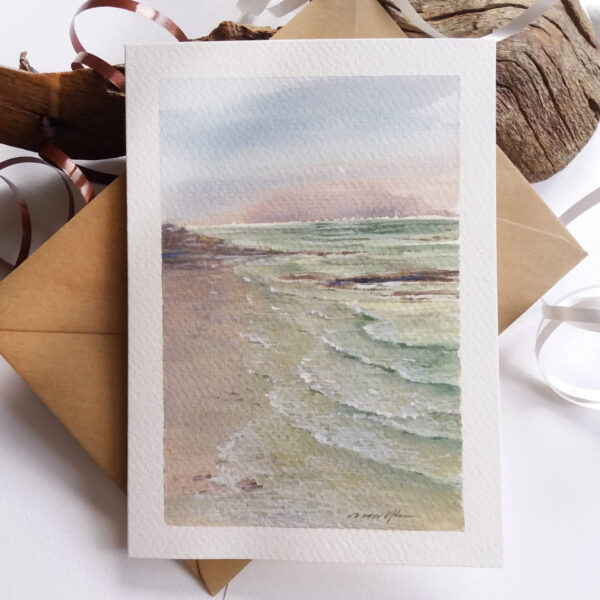 Gentle Waves Crashing on Shore - Mini Gouache Landscape Painting