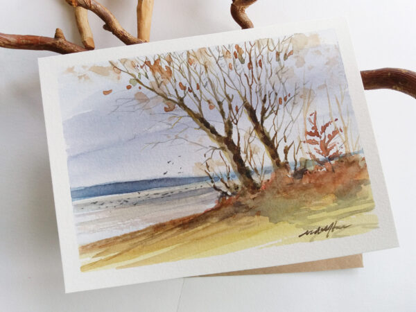 Autumn Trees by the Lake. Hand painted card.
