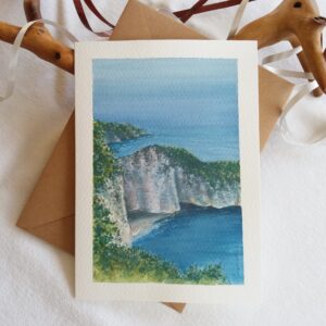 White Cliff Beach - Mini Gouache Landscape Painting by Owie's ART