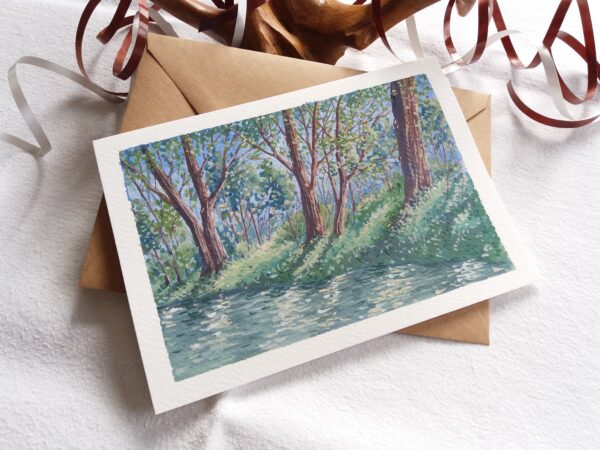 Forest view from the river - Mini Gouache Landscape Painting by Owie's ART