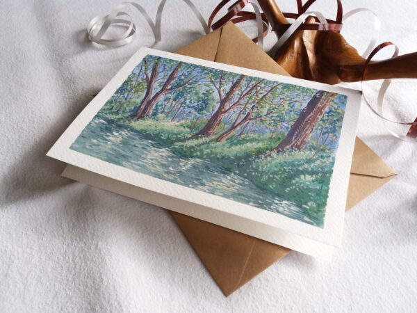 Forest view from the river - Mini Gouache Landscape Painting by Owie's ART