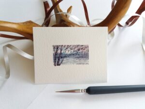 Miniature Painting - Lake view at dawn - by Owie's ART