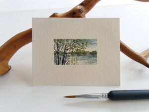 Miniature Painting - Birch Trees by the Lake - by Owie's ART
