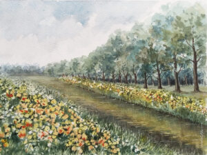 Colorful Spring Flowers along a canal - Watercolor Landscape by Owie's ART