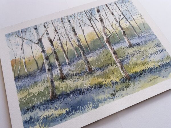 Birch Trees and Bluebells - Watercolor Landscape by Owie's ART