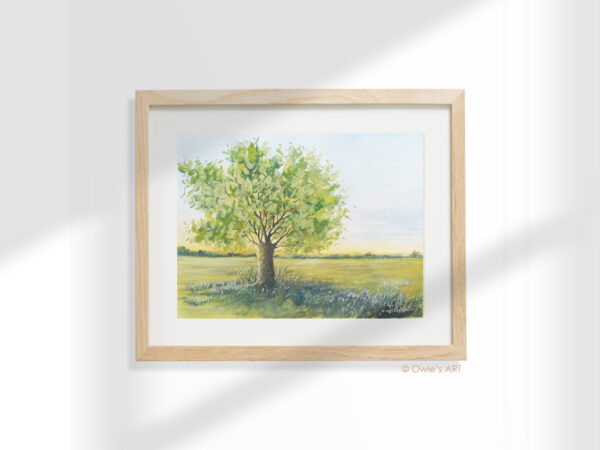 Lone Tree in Field - Gouache Landscape by Owie's ART